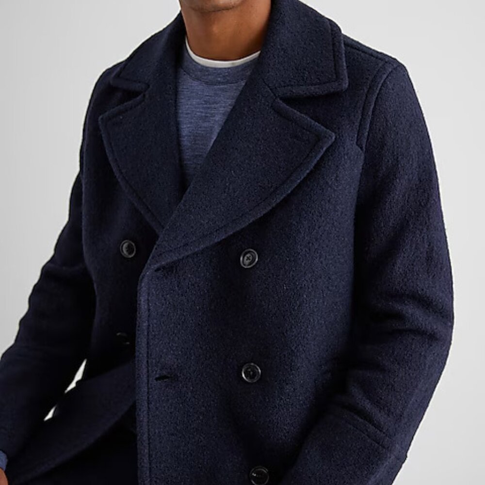 NWT Express Double Breasted Textured Boucle Wool-Blend Peacoat (Navy) - Picture 6 of 9